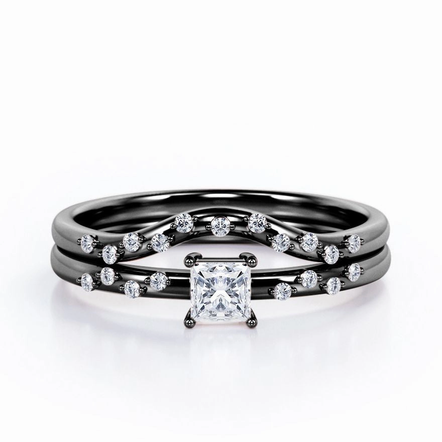 2-Prong Flush - 0.4 TCW Princess Cut Diamond - Curved Minimalist Wedding Ring Set in White Gold Beautiful Ornament Unique product