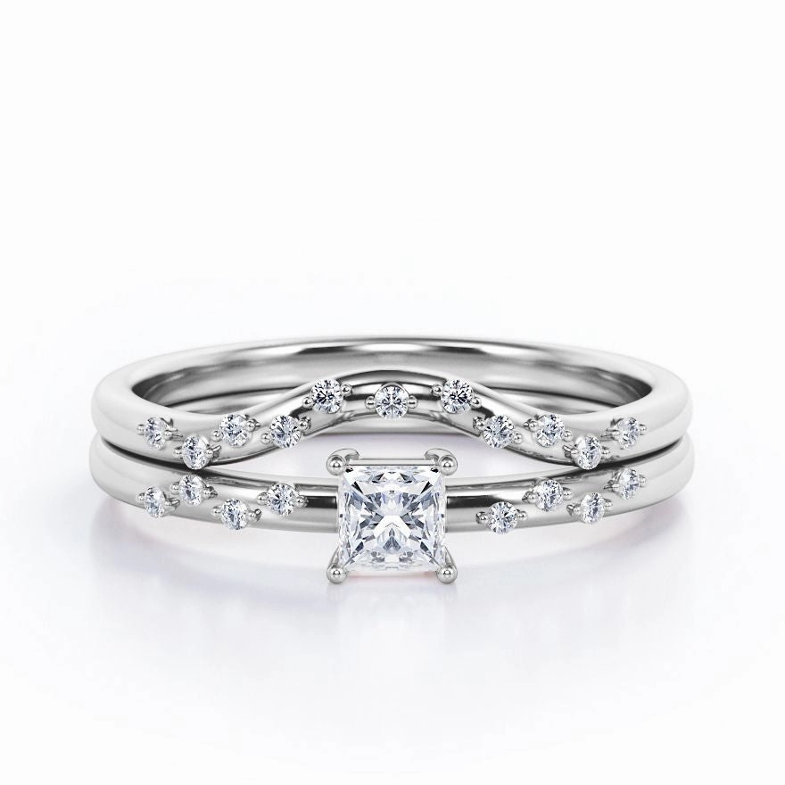 Signature Gift Versatile Shine 2-Prong Flush - 0.4 TCW Princess Cut Diamond - Curved Minimalist Wedding Ring Set in White Gold