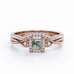 Infinity 0.85 TCW Princess Moss Agate Split Shank Bridal Set Artisan Ornament