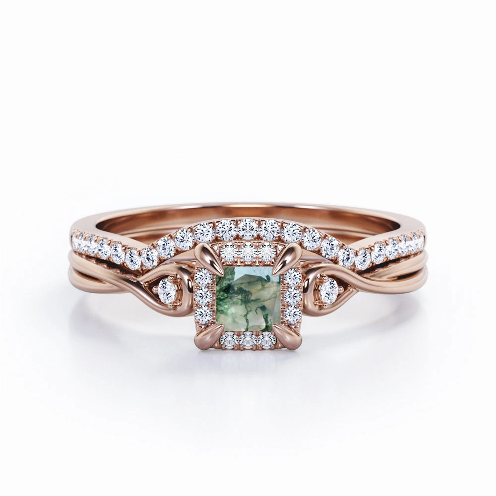 Timeless Jewelry Infinity 0.85 TCW Princess Moss Agate Split Shank Bridal Set