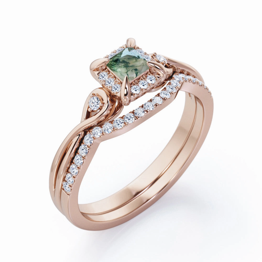 Unique Adornment Infinity 0.85 TCW Princess Moss Agate Split Shank Bridal Set