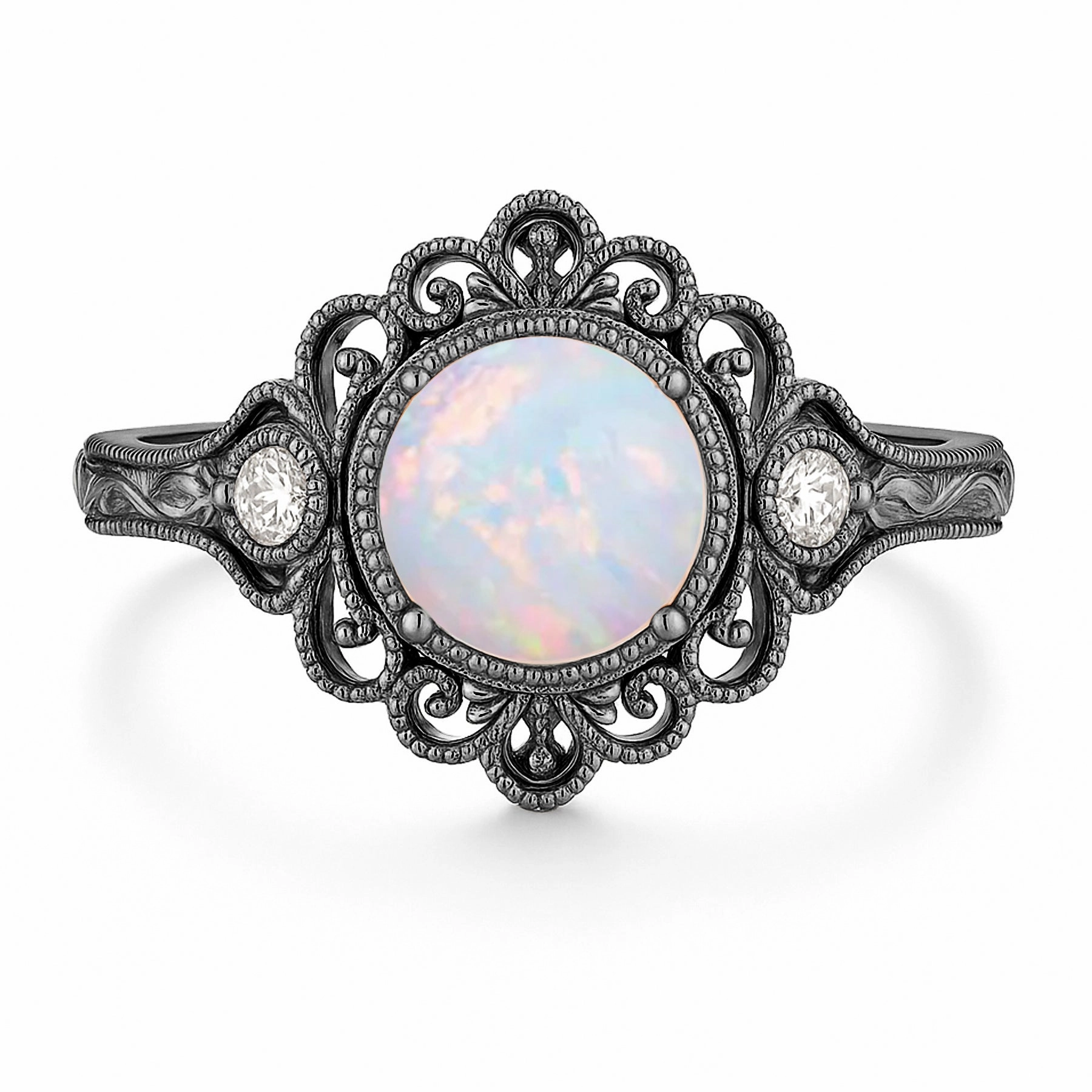 Vintage 1.05 Ct Round Cut Lab Created Opal Filigree Engagement Ring Affordable Insignia