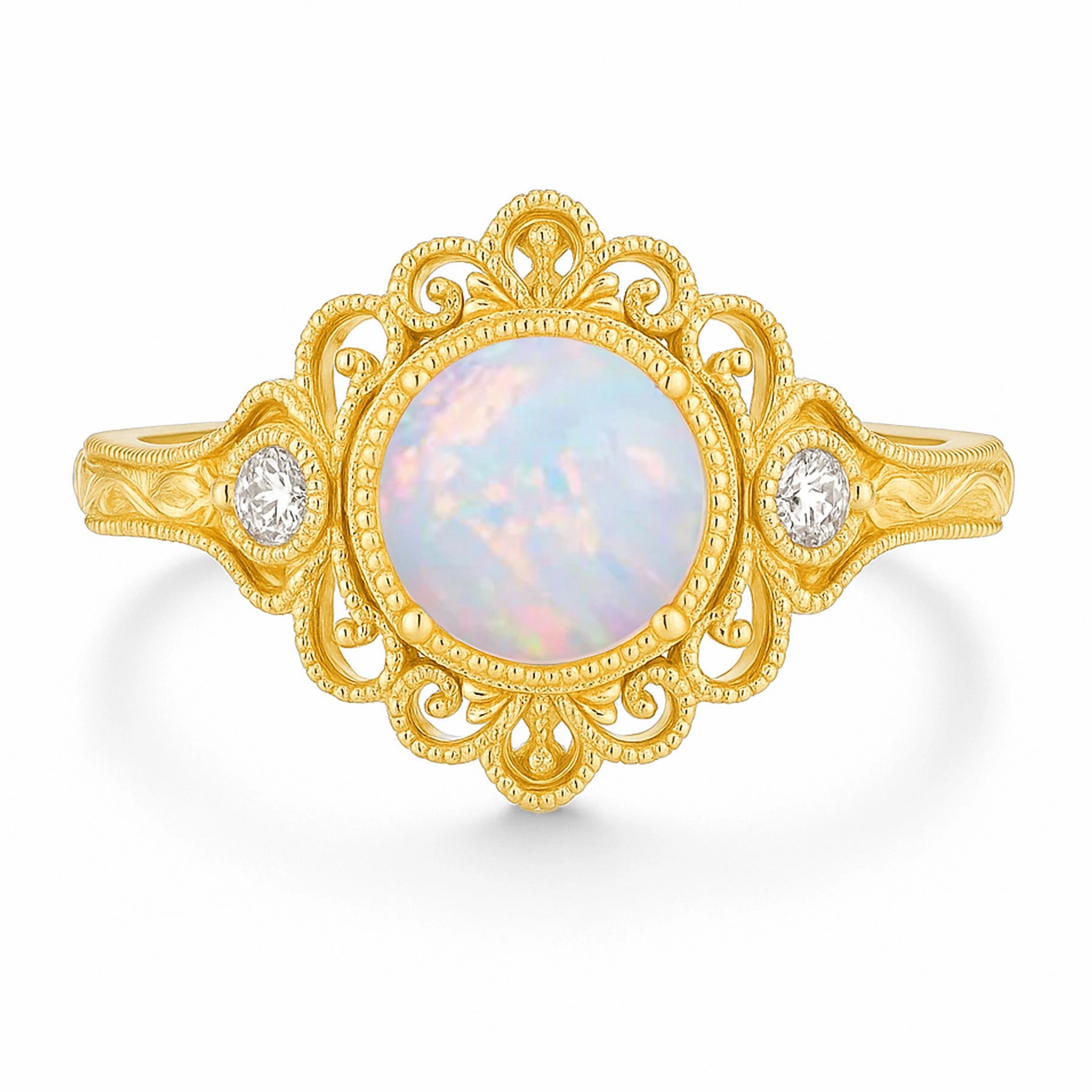 Vintage 1.05 Ct Round Cut Lab Created Opal Filigree Engagement Ring Economical Article Classic Aesthetic
