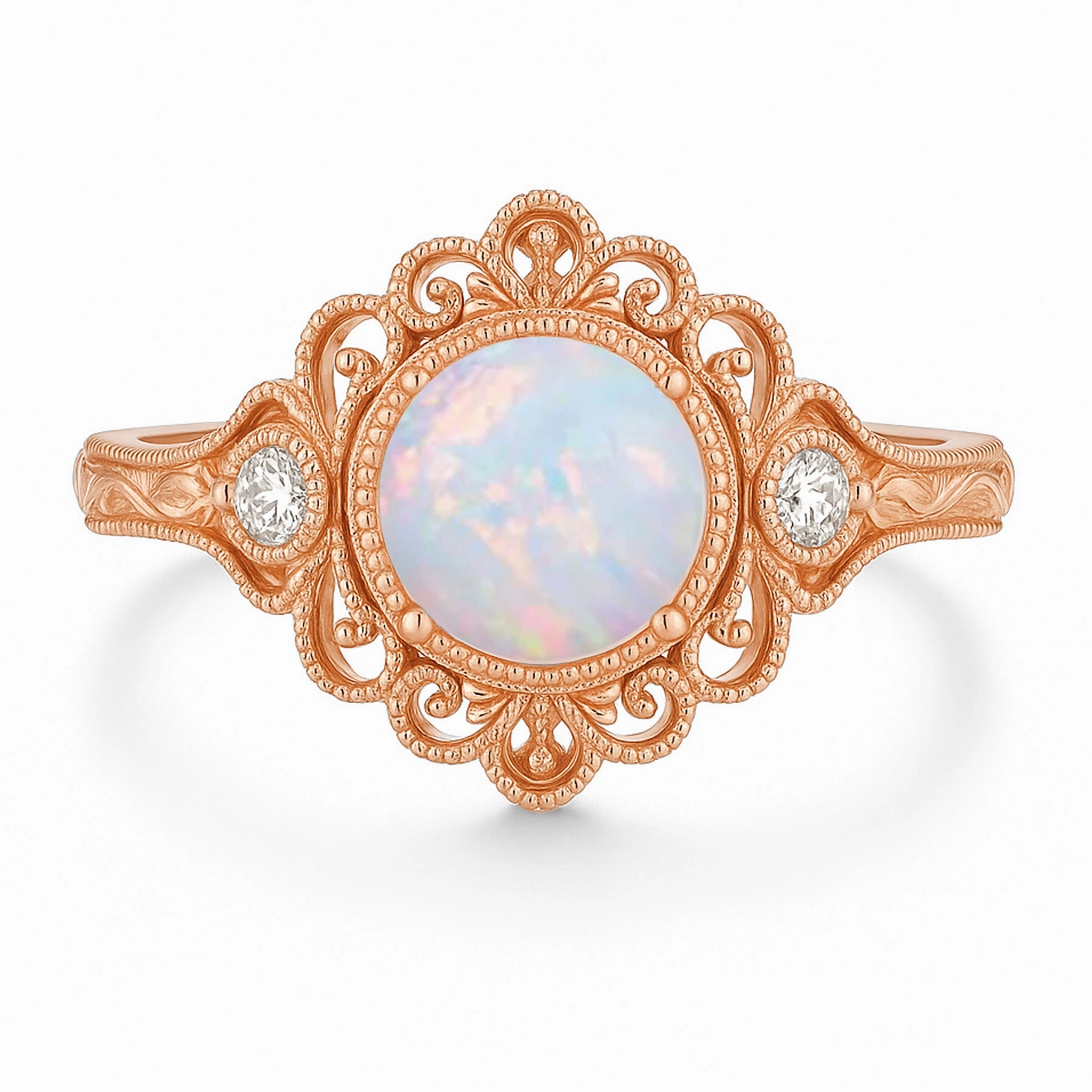 Excellent Art Refined Detail Vintage 1.05 Ct Round Cut Lab Created Opal Filigree Engagement Ring