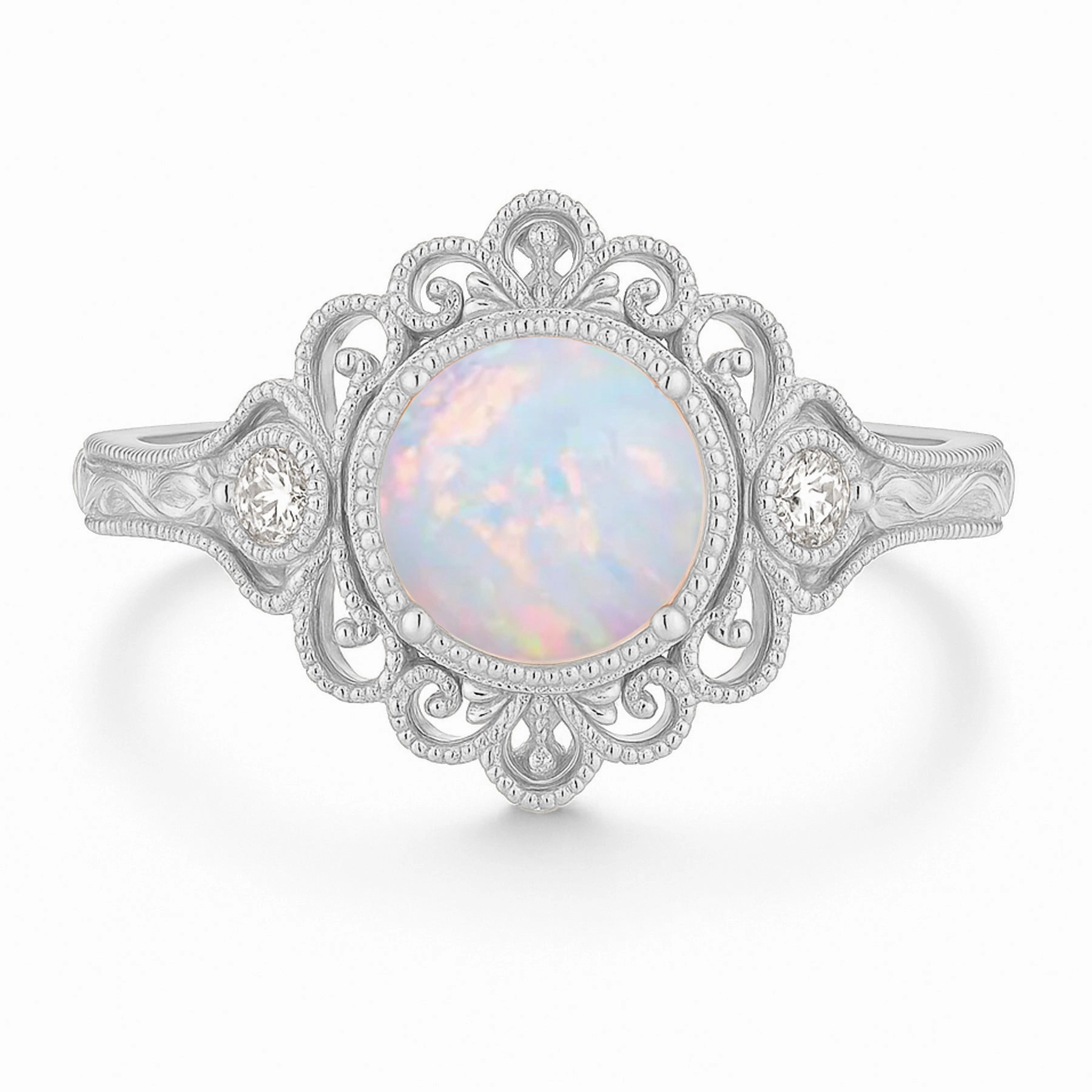 Vintage 1.05 Ct Round Cut Lab Created Opal Filigree Engagement Ring Comfortable Statement