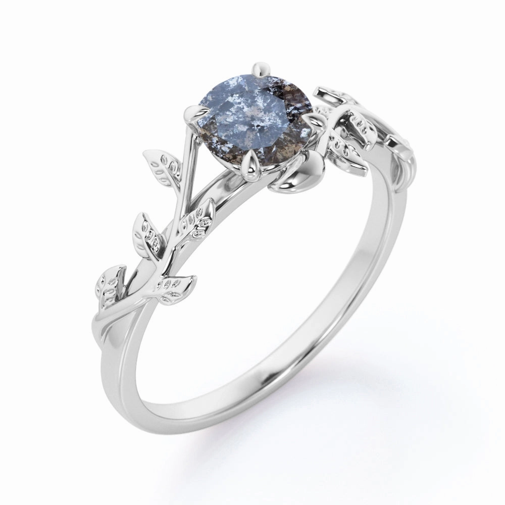 No Brand Party Present Solitaire 0.50 Carat Round Cut Genuine Icy Dark Grey Salt and Pepper Diamond Nature Inspired Engagement Ring In White Gold.