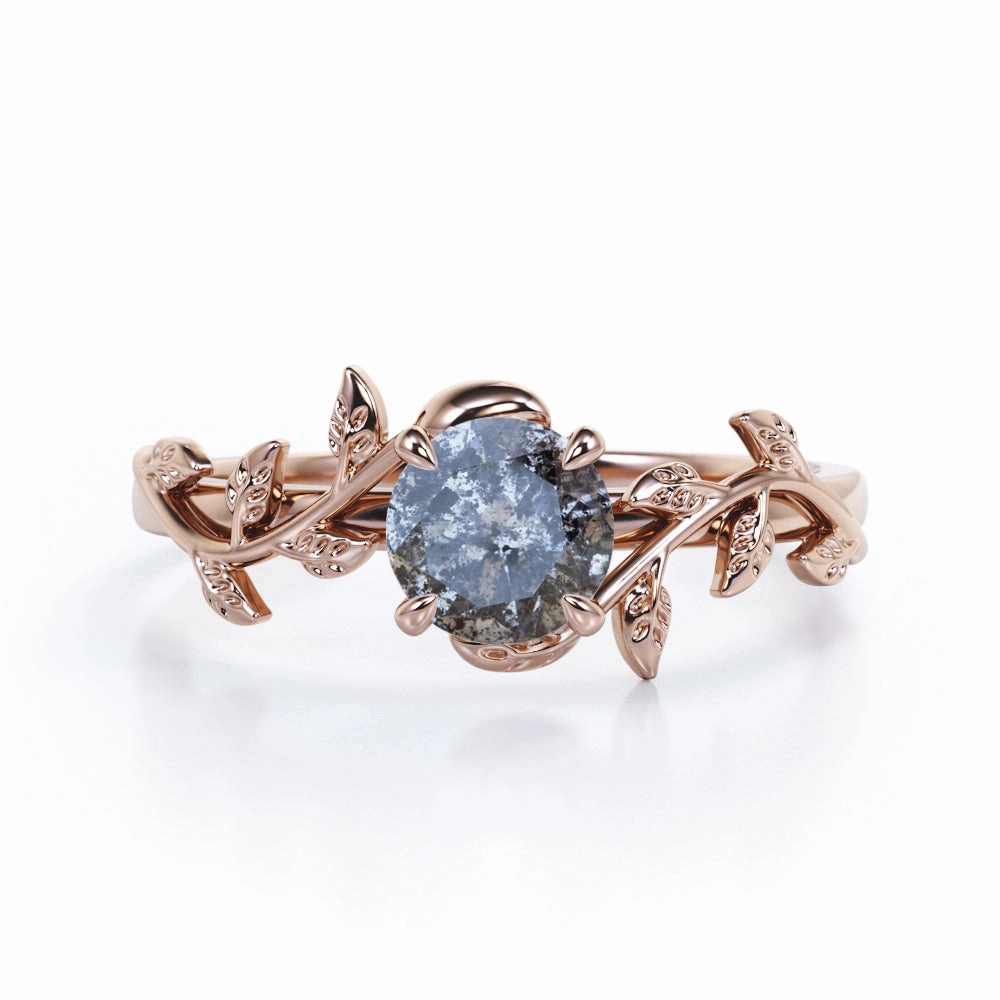 Eco Friendly Solitaire 0.50 Carat Round Cut Genuine Icy Dark Grey Salt and Pepper Diamond Nature Inspired Engagement Ring In White Gold.