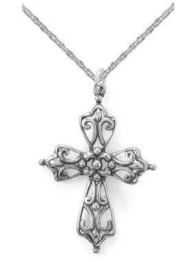 Fine Adornment Cross Necklace Beaded Open Swirl Design Antiqued Sterling Silver with Chain