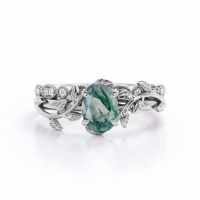 Personal Appearance Traditional Art Leaf Art Deco 1.25 Carat Oval Moss Agate Bridal Set