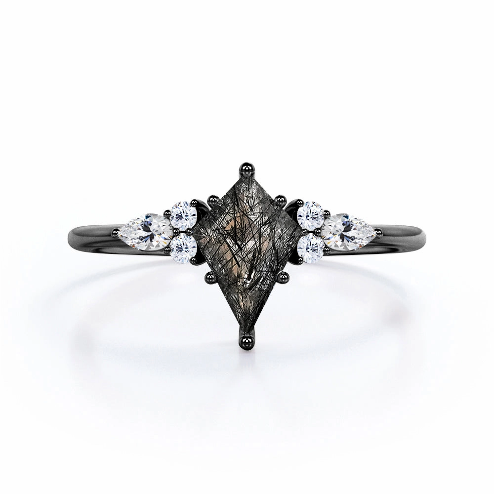 1.30 ct Kite Black Rutilated Quartz Seven Stone Engagement Ring Bright Shine