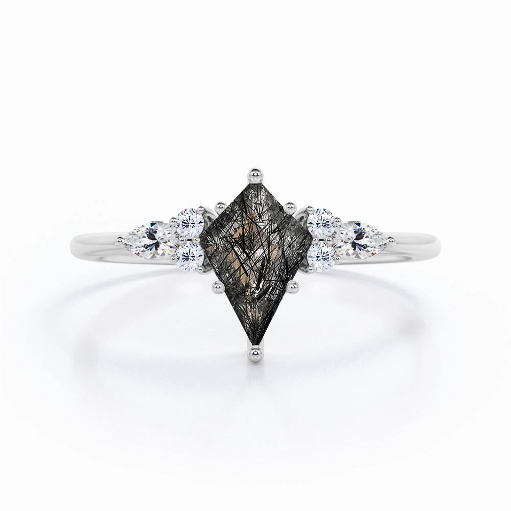 1.30 ct Kite Black Rutilated Quartz Seven Stone Engagement Ring Natural Style Secure Appearance