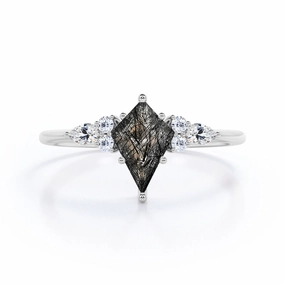 1.30 ct Kite Black Rutilated Quartz Seven Stone Engagement Ring Rainbow Hue