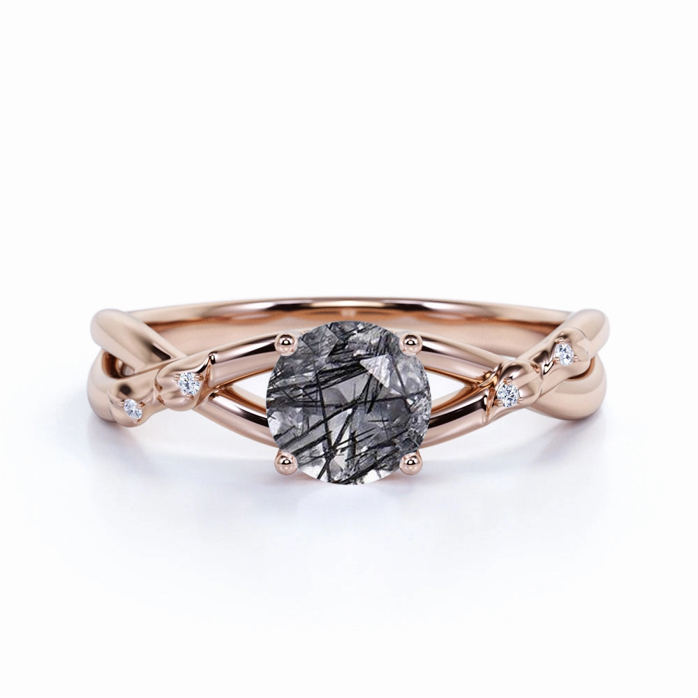 Vintage 1.15 ct Round Black Rutilated Quartz Infinity Engagement Ring Mainstream Appeal Wonderful Symbol