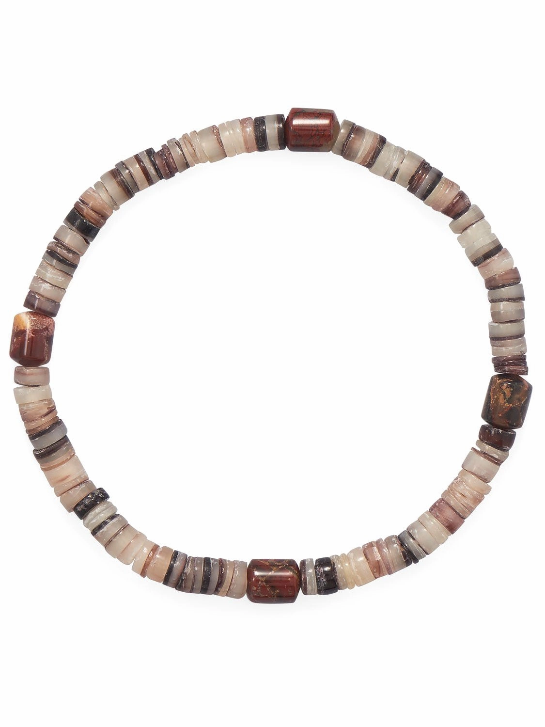 Mens Stretch Bracelet with Shell Heishi and Varied Color Jasper Throwback Detail