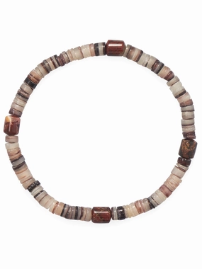 Mens Stretch Bracelet with Shell Heishi and Varied Color Jasper Throwback Detail