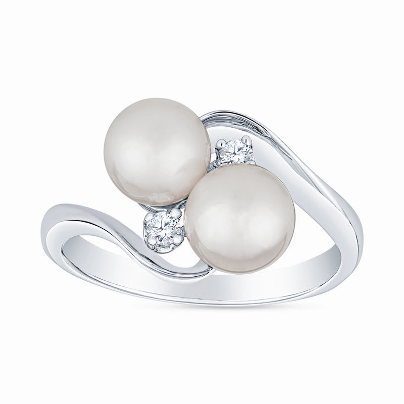 Glamorous Design Swirl Bypass Two Stone Akoya Cultured Pearl and Diamond Ring