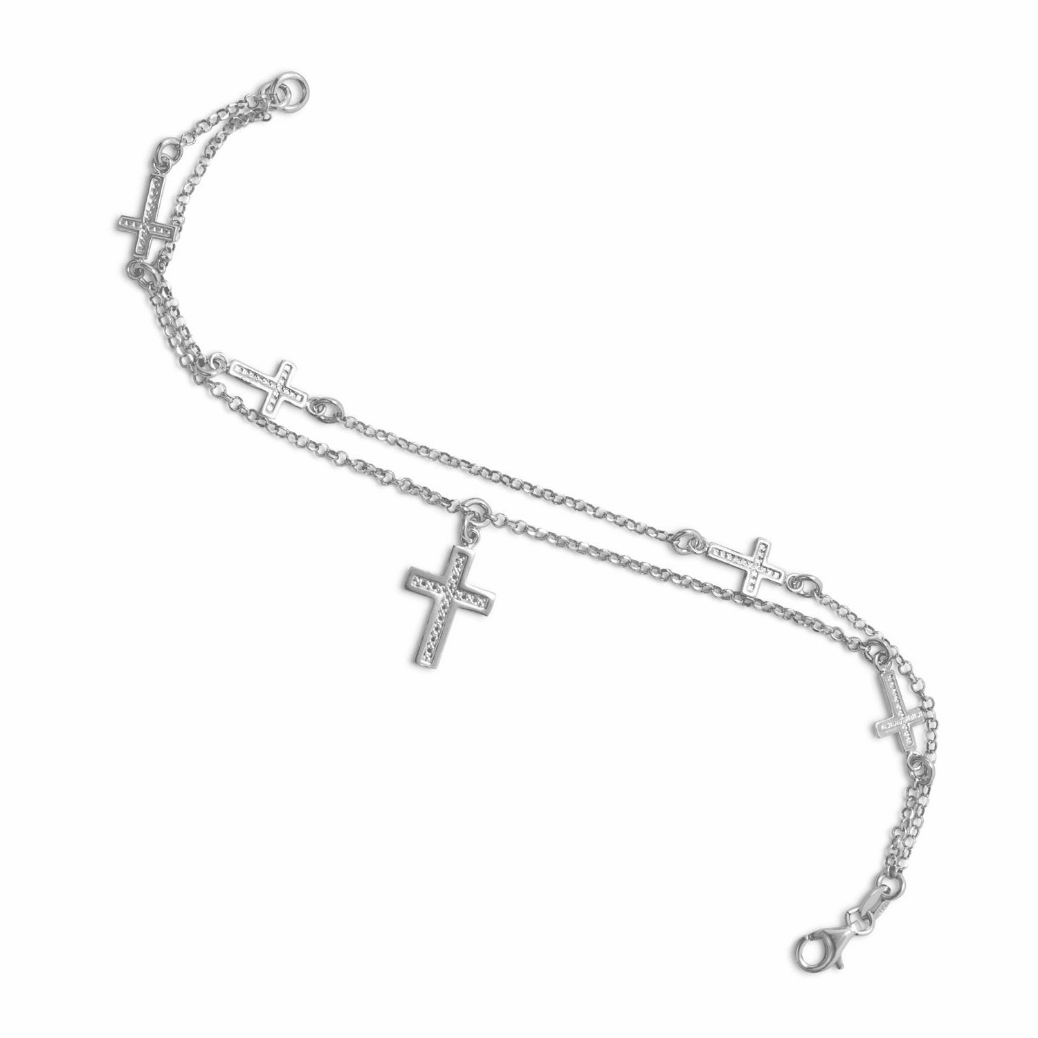 Cross Charm Bracelet Double Layer Rhodium on Sterling Silver - Nontarnish Staple Piece Mother??s Day