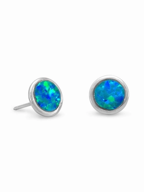 Synthetic 7mm Blue Opal Stud Earrings Rhodium on Sterling Silver - Nontarnish Decorative Embellishment Glittery Decoration