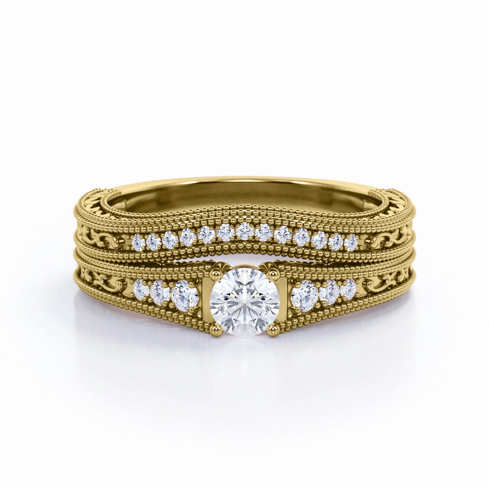 Tapered 0.50 Ct Round Cut Diamond Wedding Ring Set Neutral Look Event Friendly