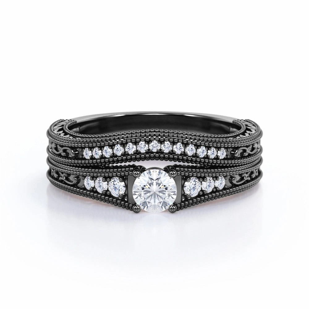 Tapered 0.50 Ct Round Cut Diamond Wedding Ring Set Coated Material