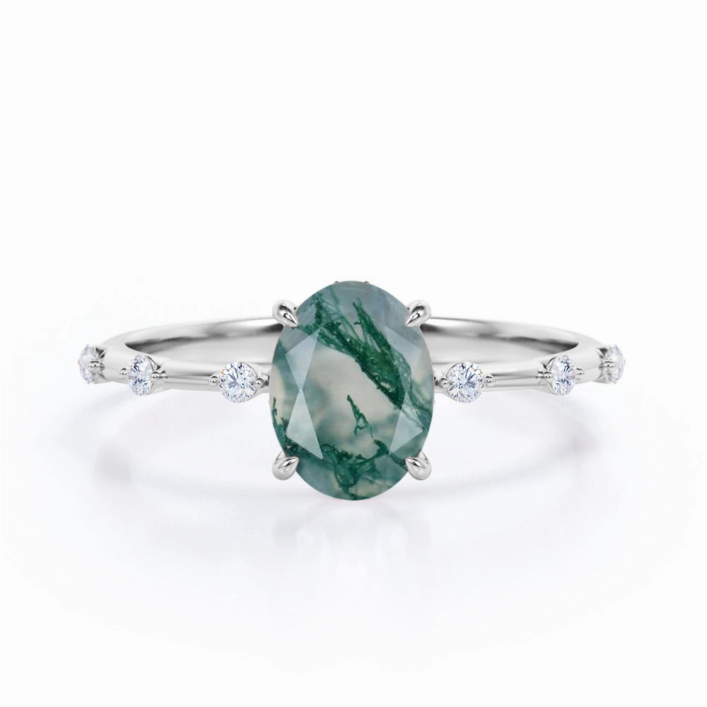 High-End Embellishment Tapered 0.6 Ct Oval Green Moss Agate Engagement Ring