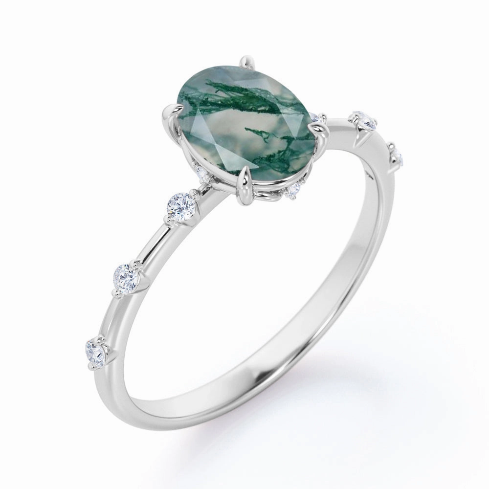 Adorable Gift Tapered 0.6 Ct Oval Green Moss Agate Engagement Ring