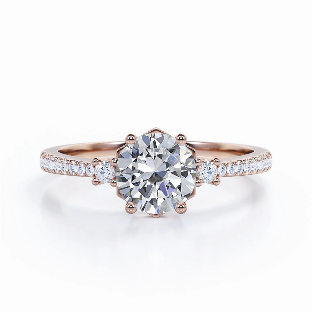 Graceful Vibe Ornate Style Tapered 1.20 Carat Round Moissanite Engagement Ring