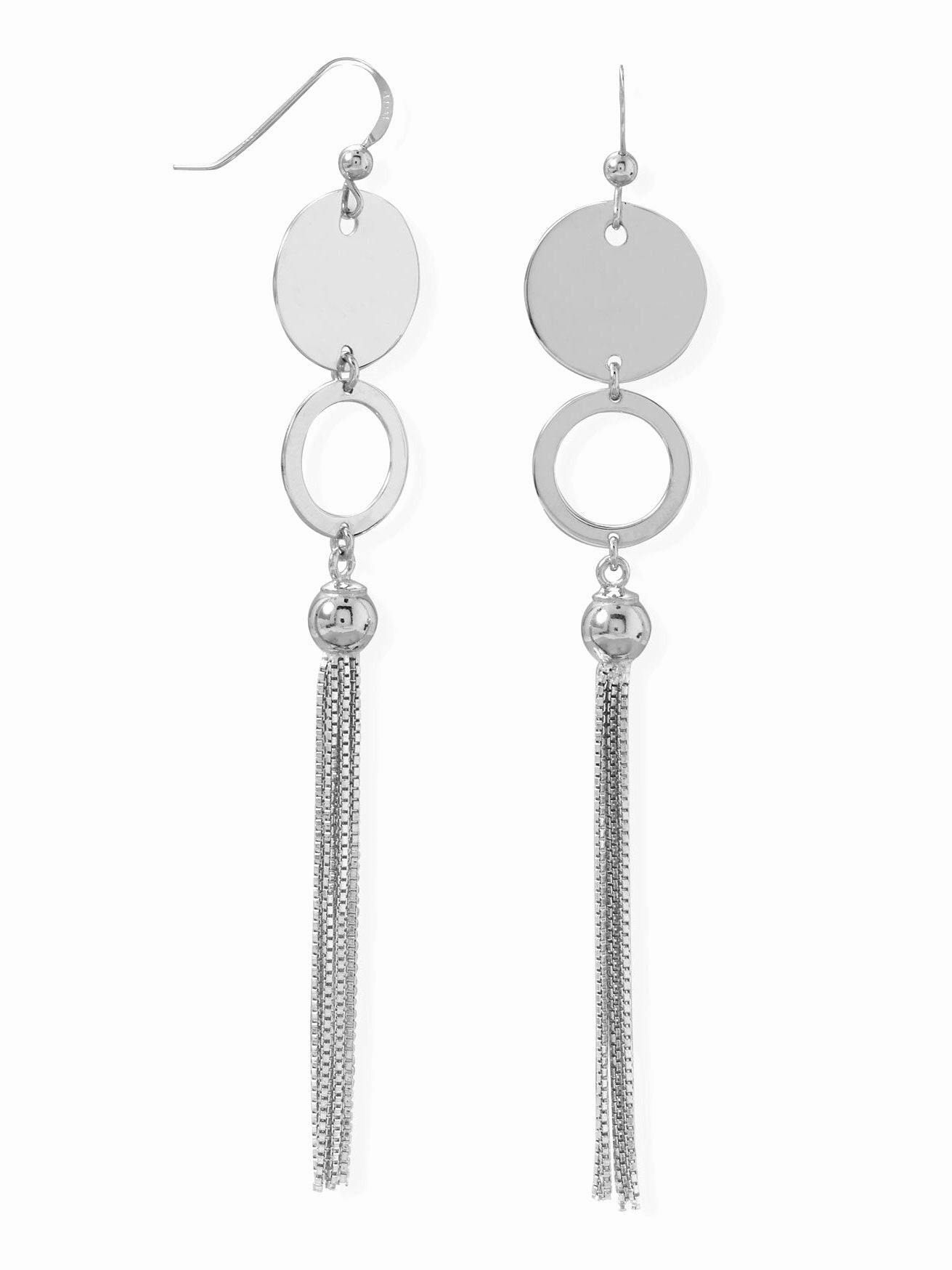 Exquisite Accent Tassel Earrings with Disk Circle and Bead Rhodium-plated Sterling Silver