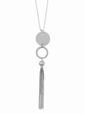 Great Accessory Winter Feature Tassel Necklace with Disk Circle and Bead Rhodium-plated Sterling Silver