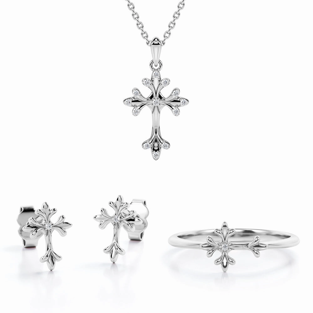 Three-Lobed Jewelry Set 0.1 TCW Diamond with Rood Pendant, Earrings & Ring Dashing Accessory