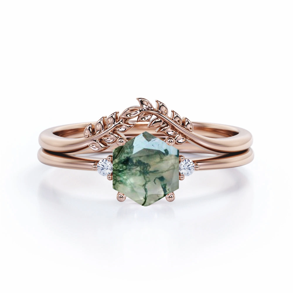 Shiny Product Three Stone 0.55 Carat Hexagon Cut Moss Agate Bridal Set