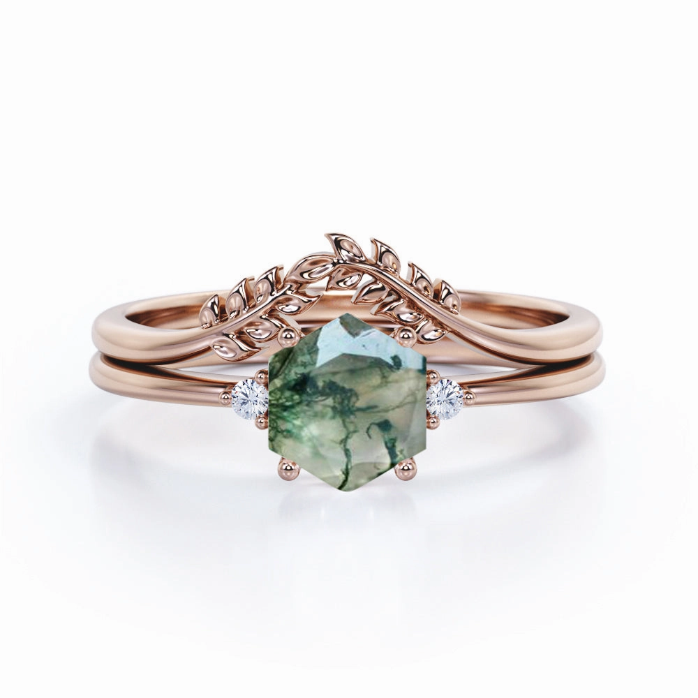 Artistic Design Party Ready Three Stone 0.55 Carat Hexagon Cut Moss Agate Bridal Set
