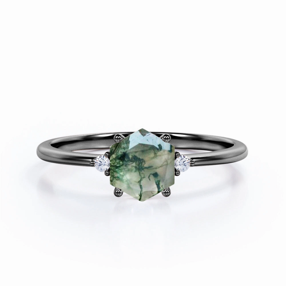 sophisticated appearance Best Friend Three Stone 0.55 Ct Hexagon Cut Moss Agate Engagement Ring