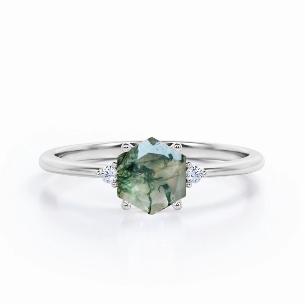 Classic Detail Stylish Emblem Three Stone 0.55 Ct Hexagon Cut Moss Agate Engagement Ring