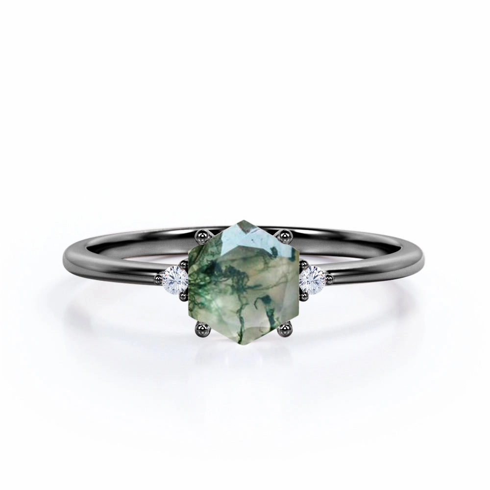 Three Stone 0.55 Ct Hexagon Cut Moss Agate Engagement Ring Strong Jewelry Timeless Accent