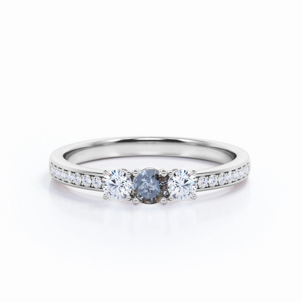Three Stone 0.55 Ct Round Salt and Pepper Diamond Engagement Ring Affordable Piece