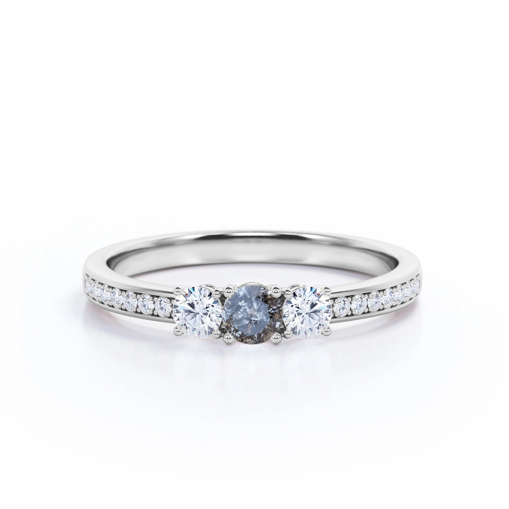 Three Stone 0.55 Ct Round Salt and Pepper Diamond Engagement Ring HighEnd Jewelry Outdoor Look