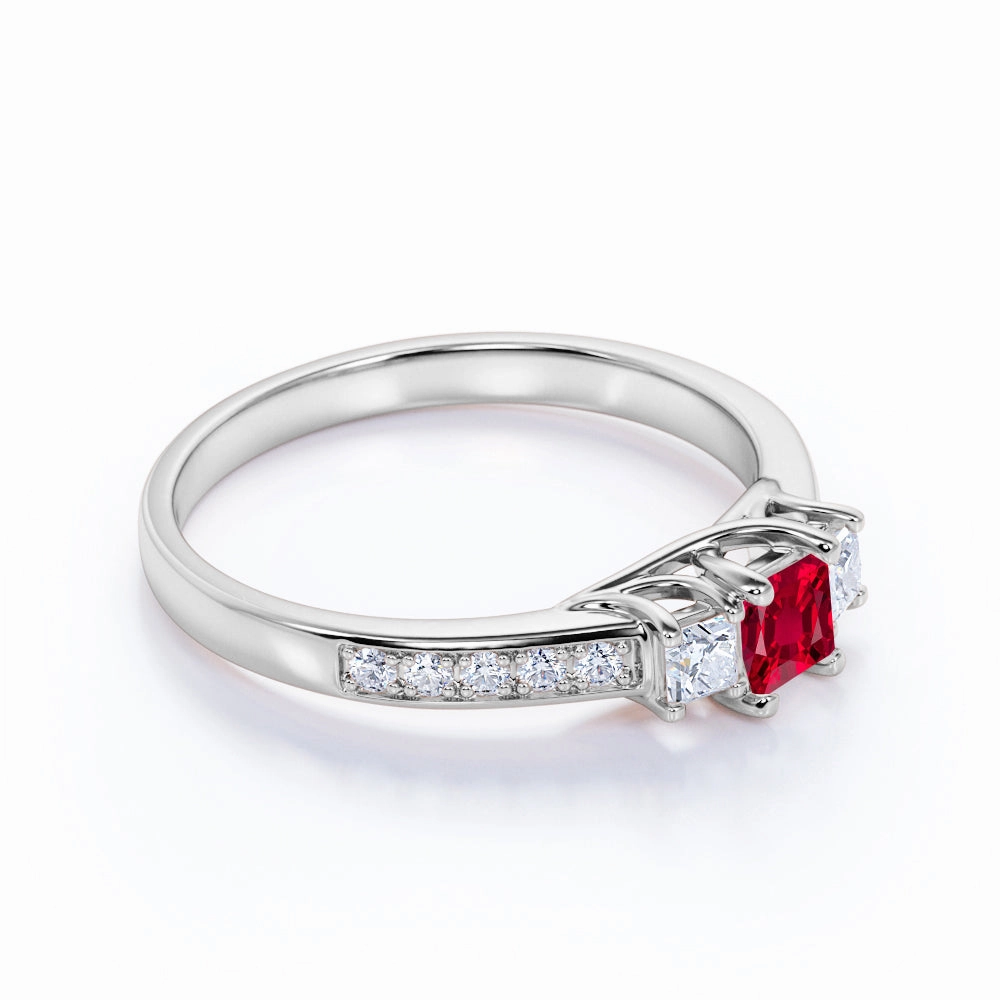 Three Stone 0.75 ct Princess Lab-Created Ruby Engagement Ring Postmodern Design Glamorous Adornment