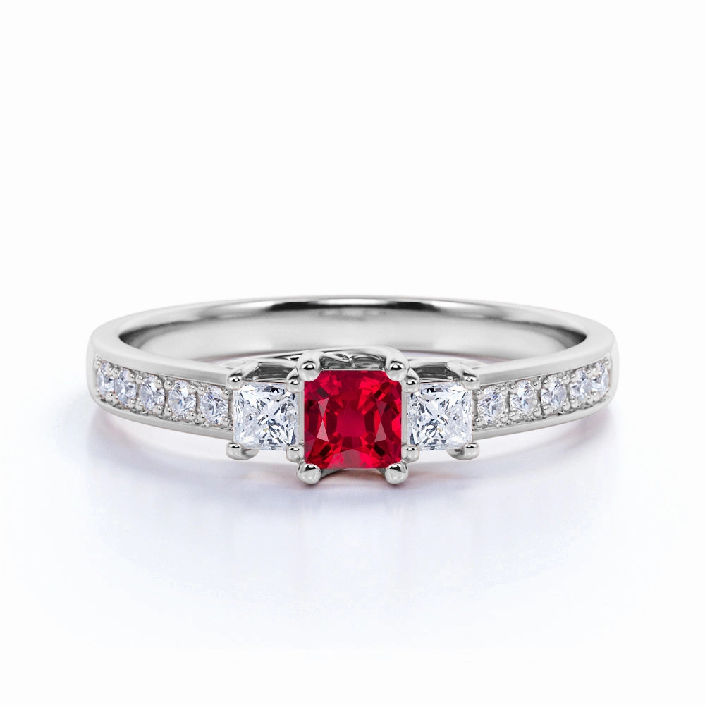 Three Stone 0.75 ct Princess Lab-Created Ruby Engagement Ring Fragile Item Gala Accent