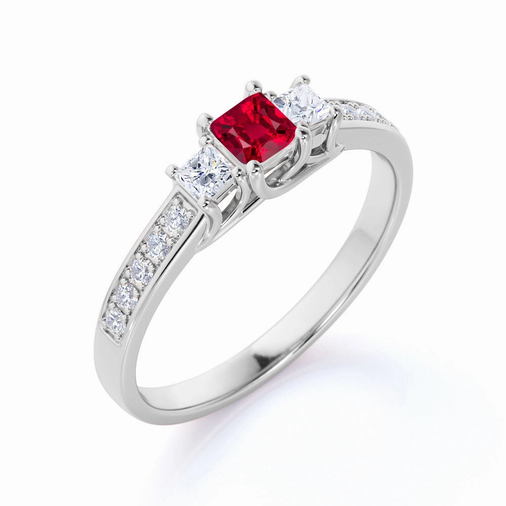 Superior Statement Three Stone 0.75 ct Princess Lab-Created Ruby Engagement Ring
