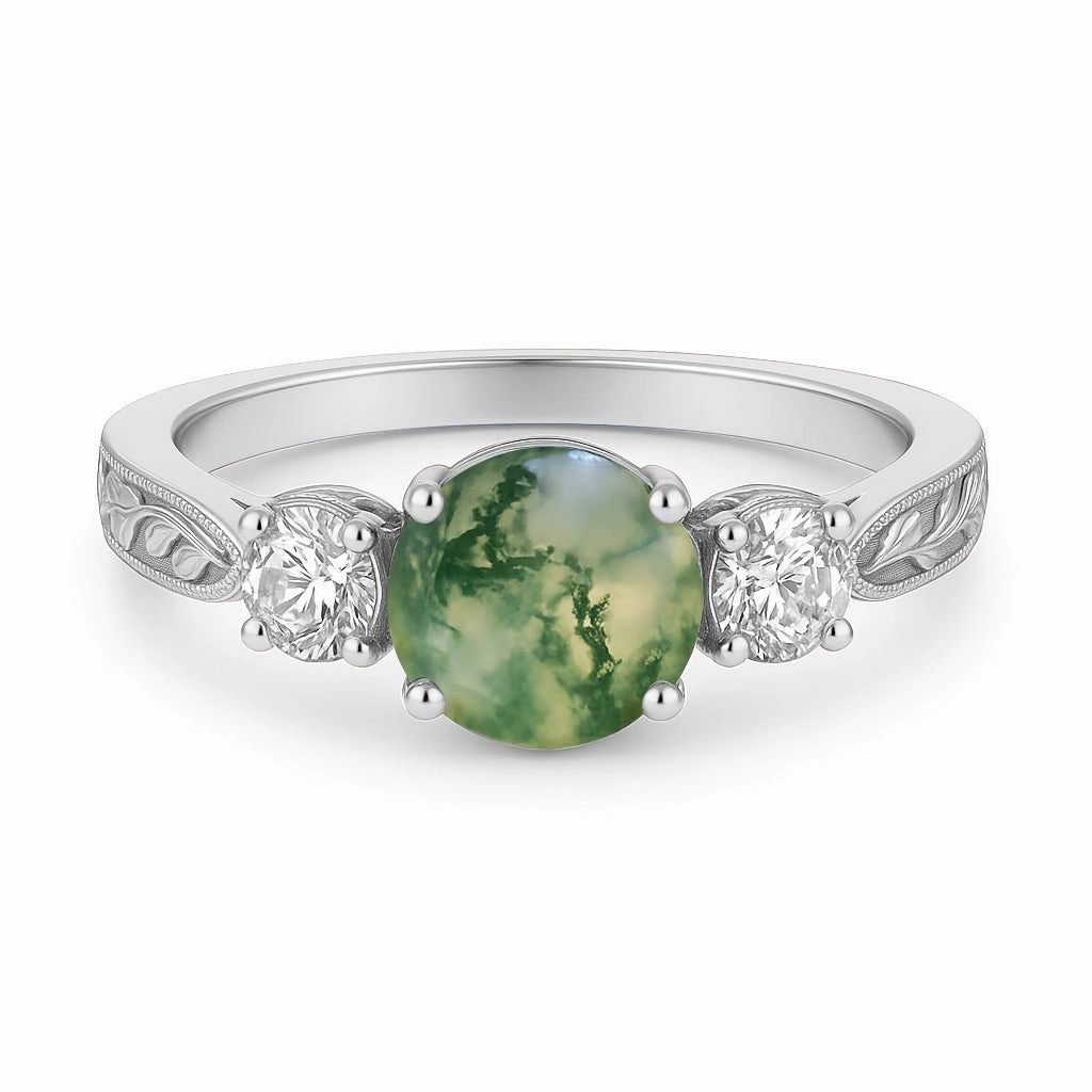 Elegant Contour Three Stone 1.20 Ct Round Green Moss Agate Engagement Ring