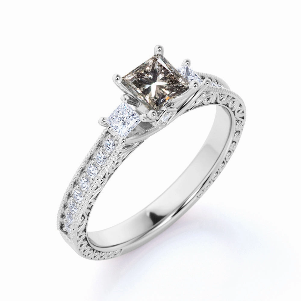 Three Stone 1.25 Ct Princess Salt and Pepper Diamond Engagement Ring Glamorous Ornament Refined Jewelry