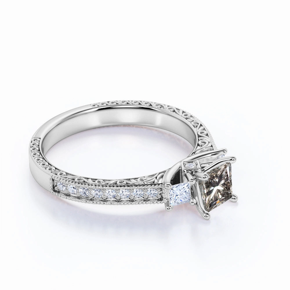 Daily Flow Three Stone 1.25 Ct Princess Salt and Pepper Diamond Engagement Ring