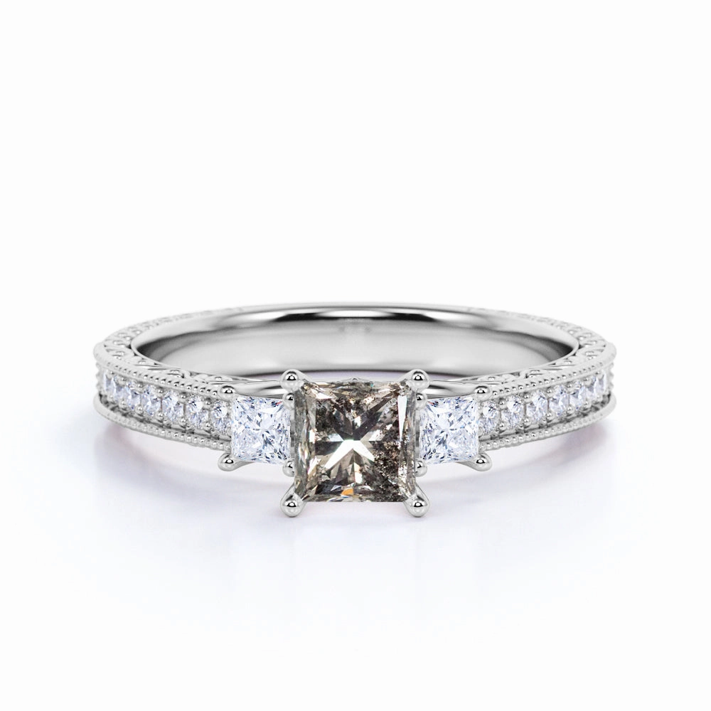 Casual Detail Three Stone 1.25 Ct Princess Salt and Pepper Diamond Engagement Ring