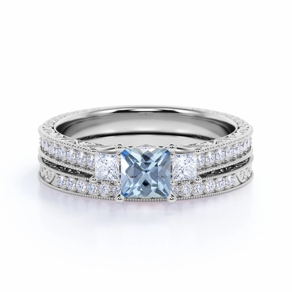 Fashion Jewelry Stylish Decoration Three Stone 1.50 ct Princess Aquamarine Pave Wedding Set
