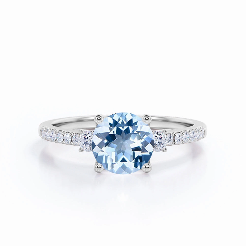 Three Stone 1.50 ct Round Aquamarine Pave Engagement Ring standalone piece