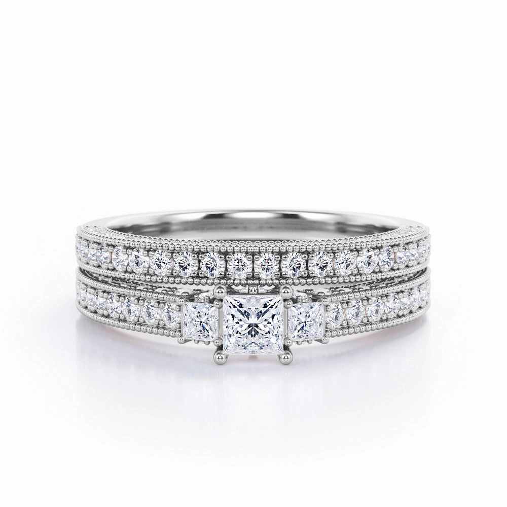 Three Stone 1 Ct Princess Cut Diamond Bridal Set Timeless Work
