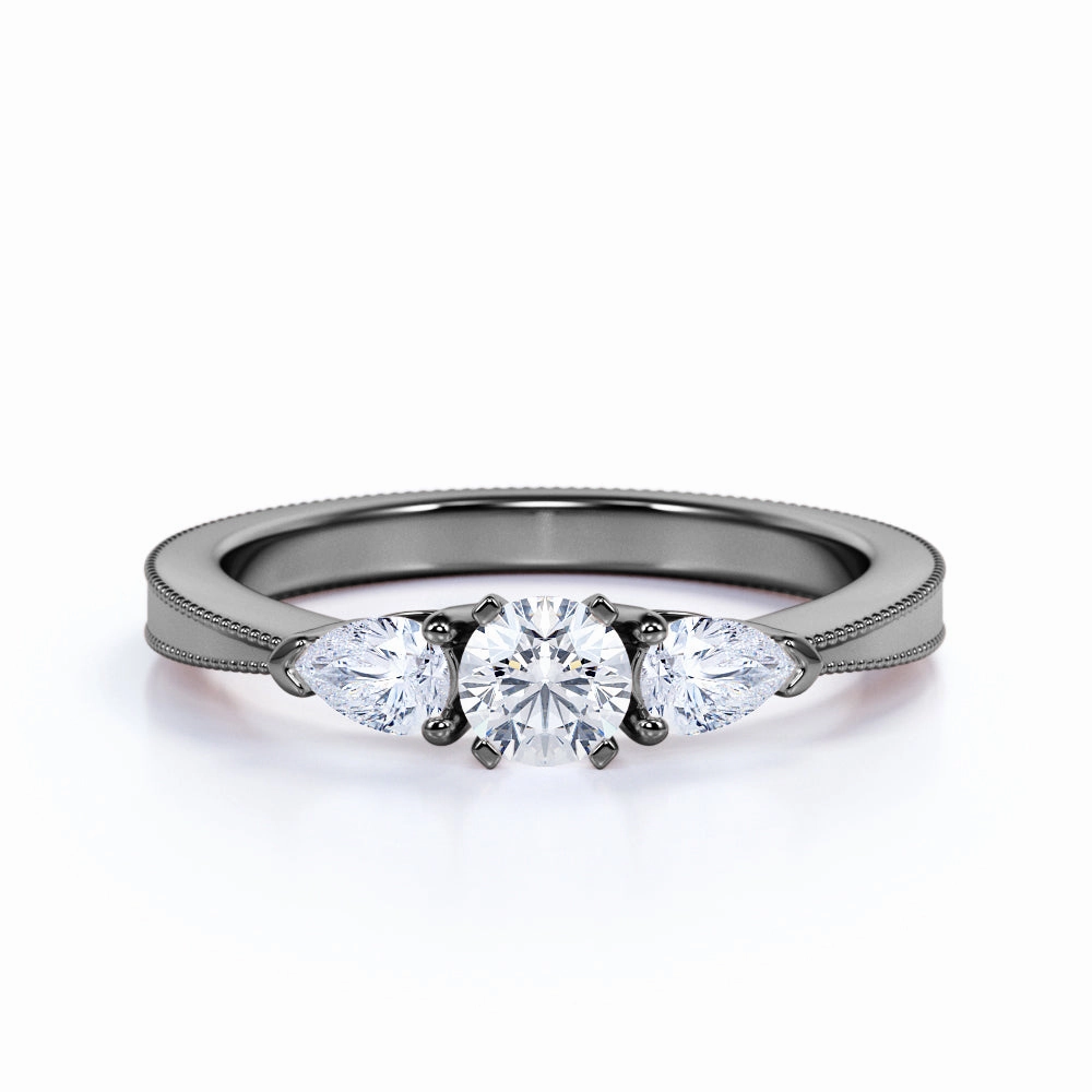 Geometric Pattern Three Stone 1 Ct Round Cut Diamond Engagement Ring