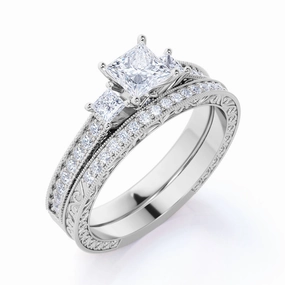 Three Stone 1 ct TDW Princess Cut Diamond Pave Filigree Wedding Ring Set  in  White Gold Sentimental Jewelry Chic Set