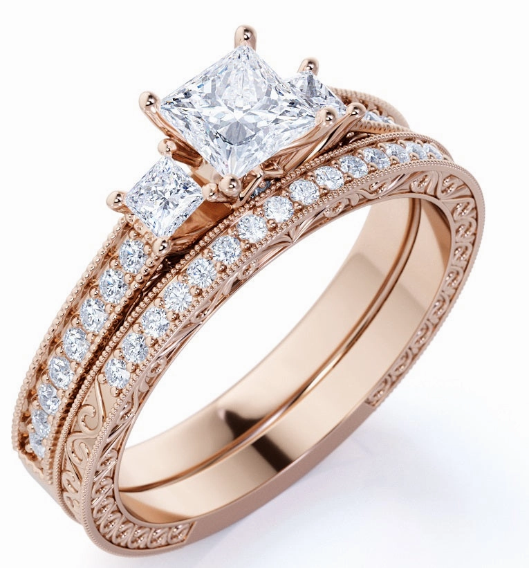 Three Stone 1 ct TDW Princess Cut Diamond Pave Filigree Wedding Ring Set  in  White Gold Quality Gift Iconic Gift